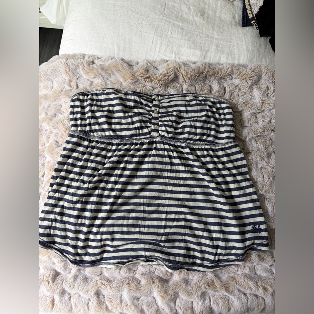 Urban Outfitters Navy and White Striped Babydoll Strapless Tank